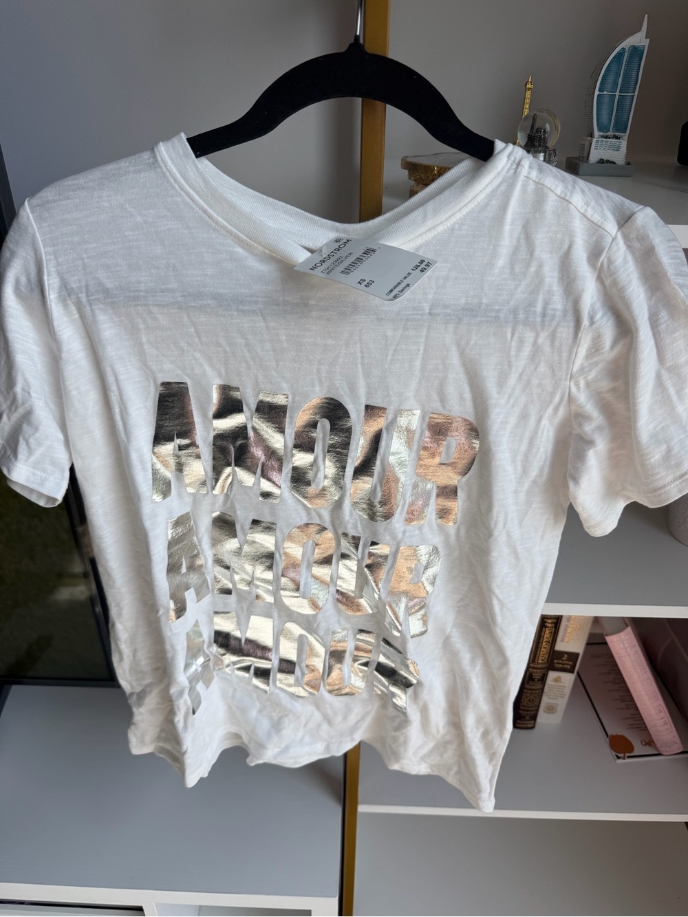 cinq a sept White Short Sleeve Tee with Metallic Silver Lettering